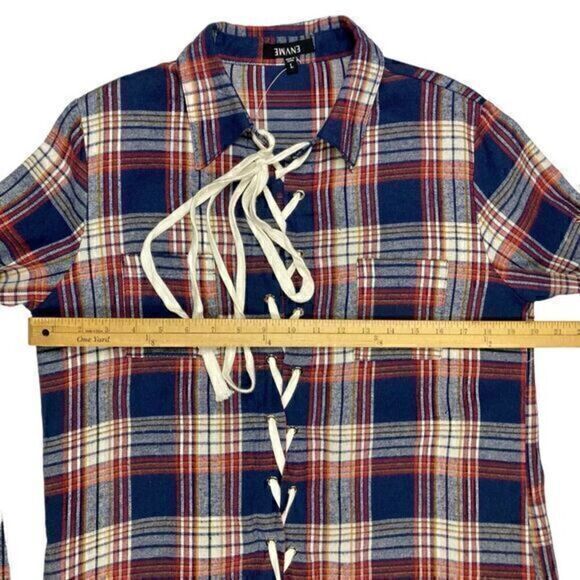 ENVME Long Tunic Flannel Dress Womens Sz Large Red Blue Plaid Lace Up NEW - Picture 7 of 14